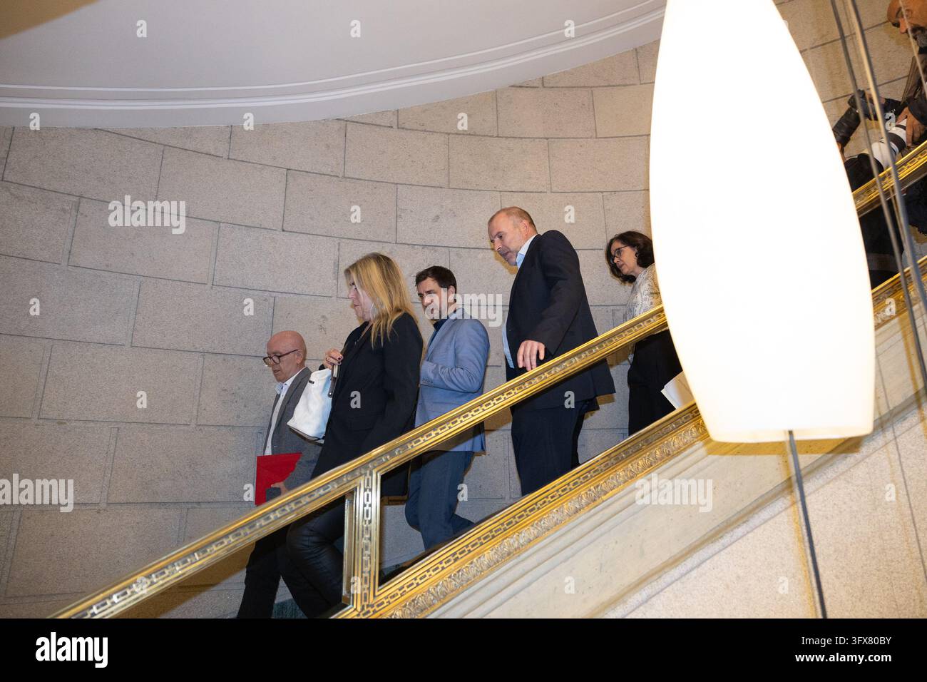 Toni Comín (centre), former regional minister and MEP-elect for Junts ...