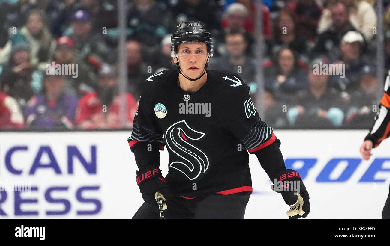 Seattle Kraken defenseman Ryker Evans skates against the Detroit Red ...