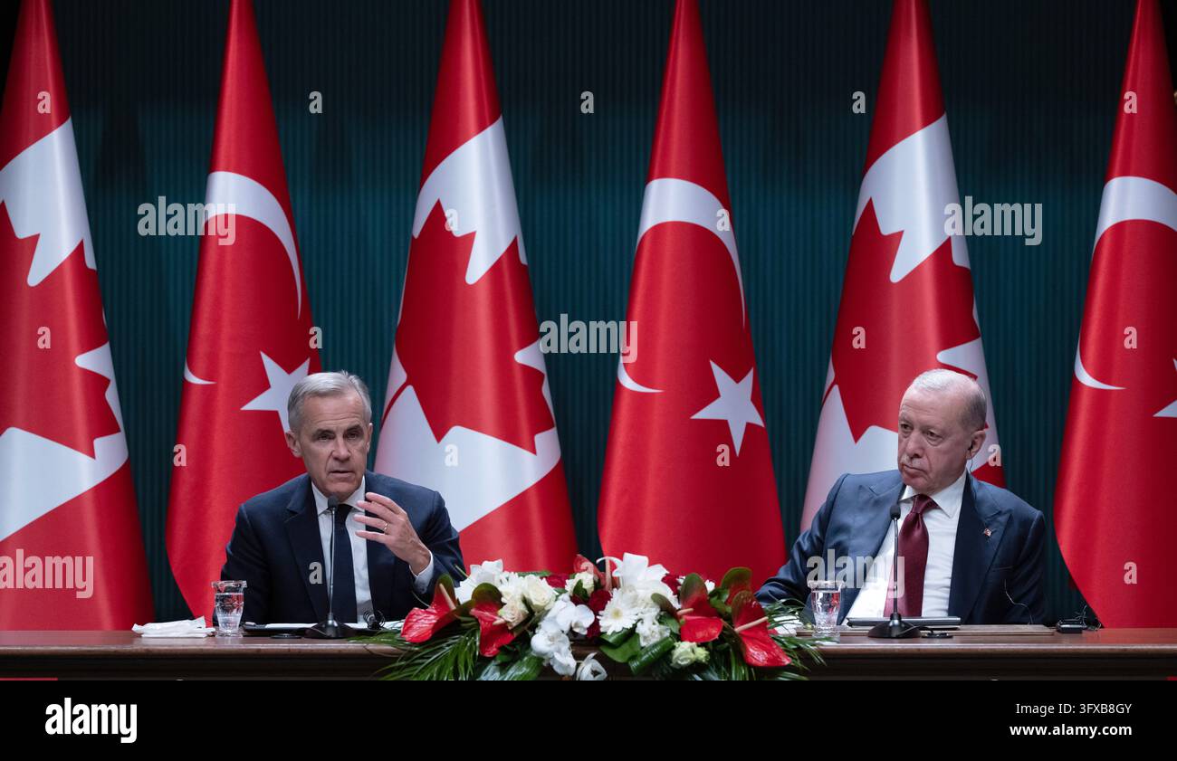 Turkish President Recep Tayyip Erdogan looks on as Prime Minister Mark ...