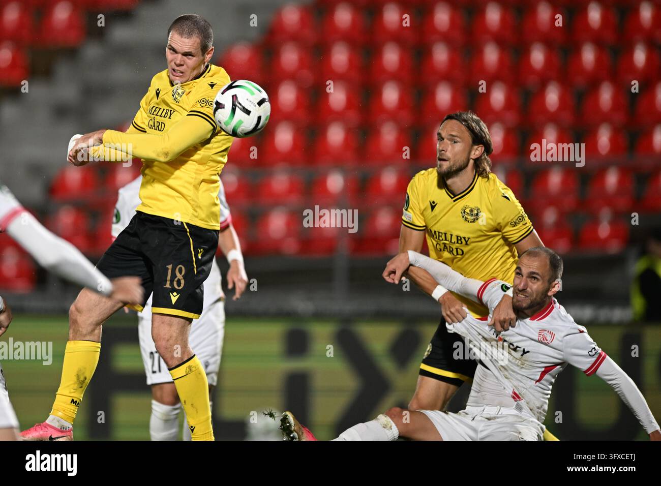 Jacobs Vector Mjällby's Jacob Bergstrom, left, tries to score during the Europa ...