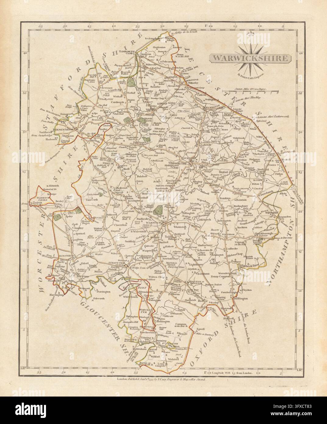 Historic illustration of Warwickshire, England, from a detailed county ...