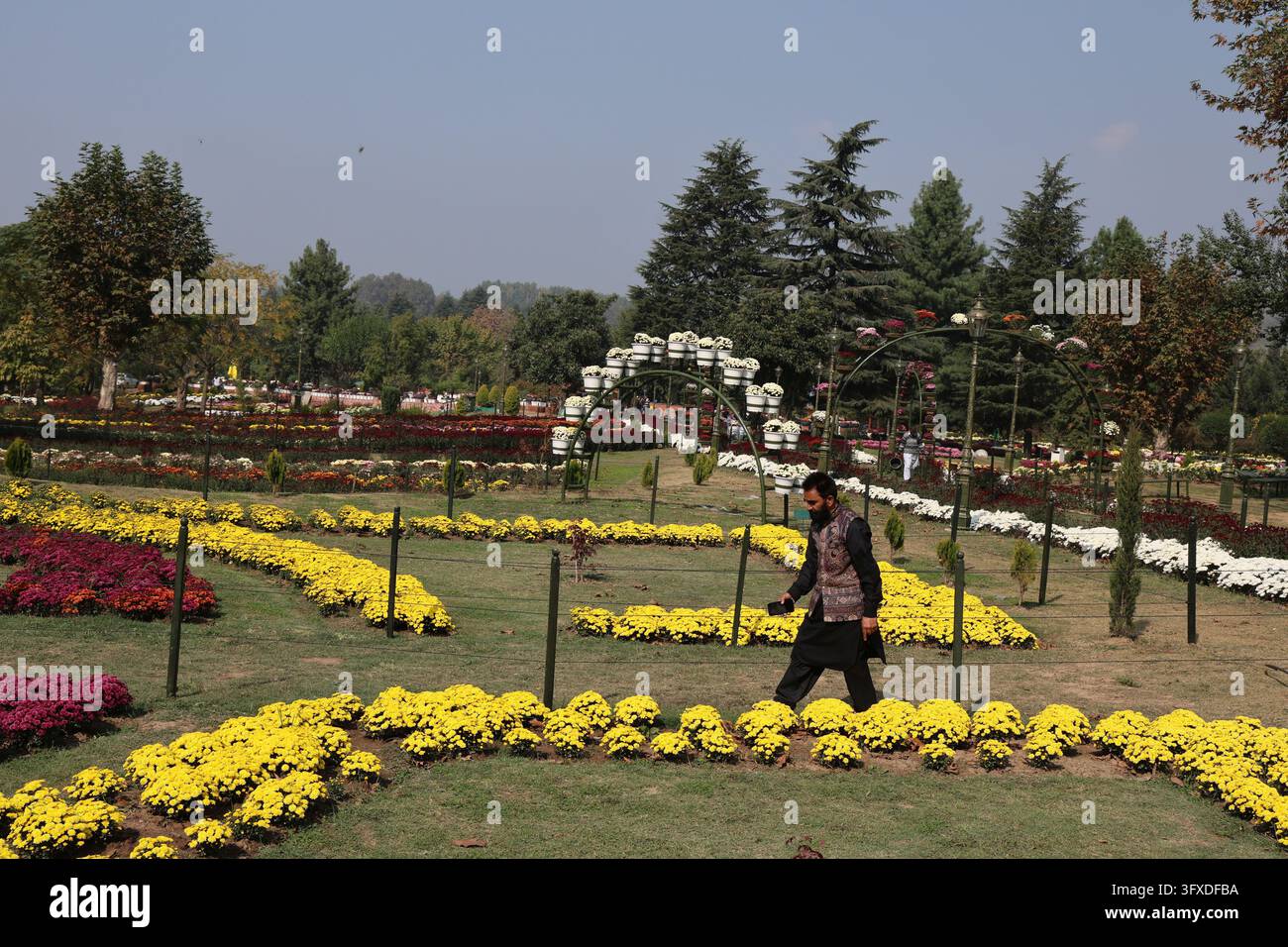 SRINAGAR, INDIA - OCTOBER 22: Visitors stroll along flower-lined ...