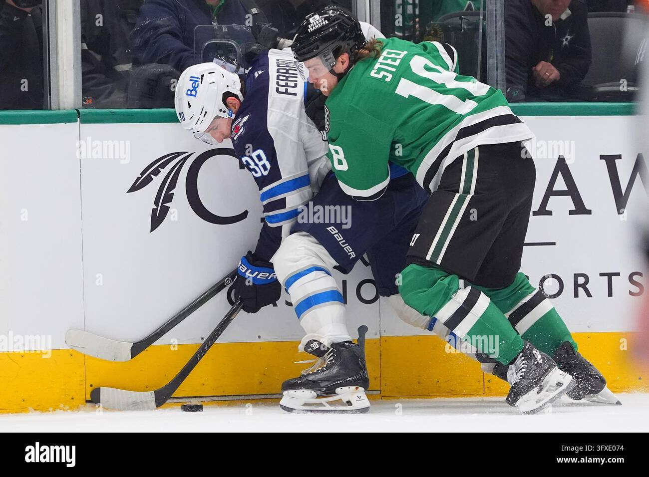 Mario Thursday Winnipeg Jets defenseman Mario Ferraro (38) and Dallas Stars center Sam ...