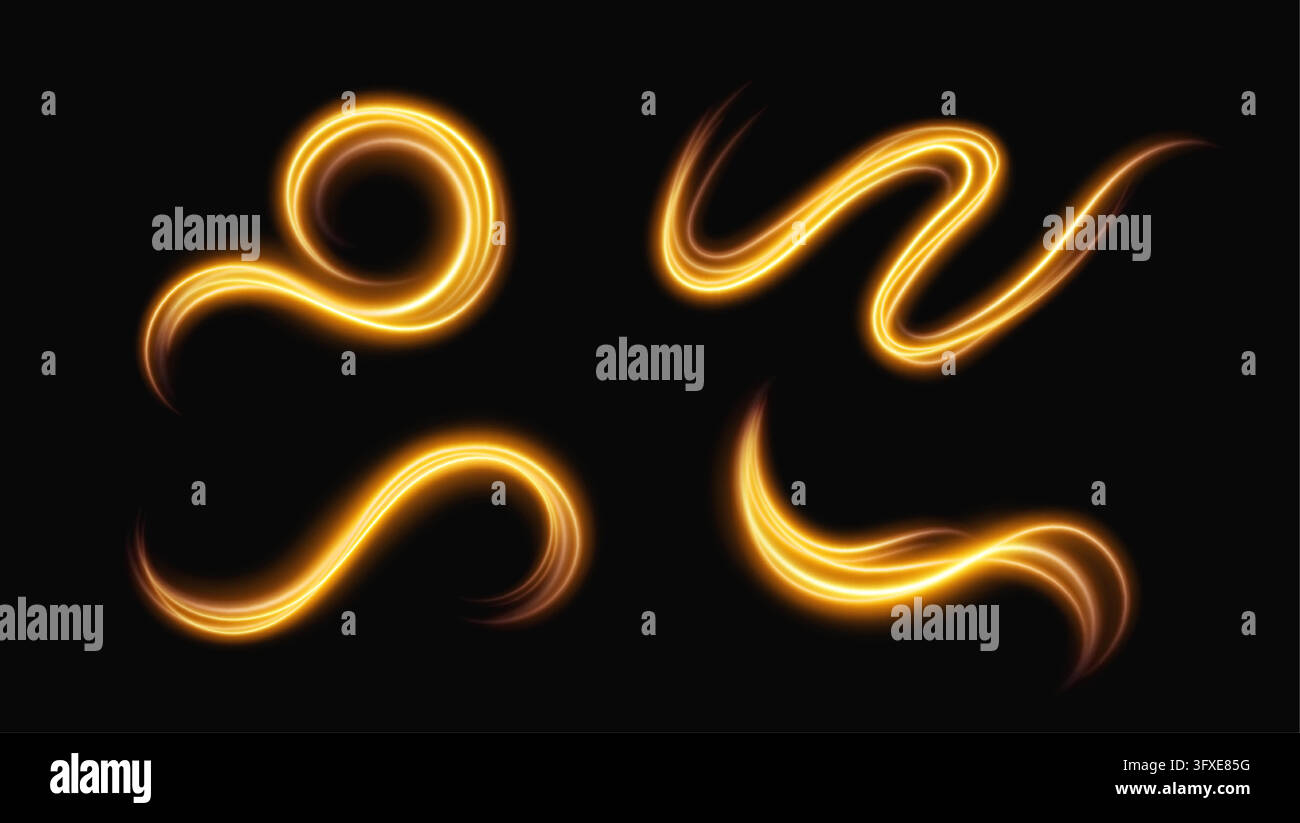 Glowing gold lines light effect, neon bright swirls and wave lines flow, golden motion effect. Long exposure concept. Stock Vector