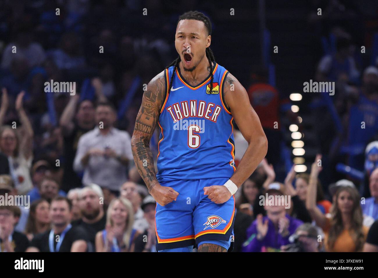 Thgunder Vector Oklahoma City Thunder forward Jaylin Williams reacts after making a ...