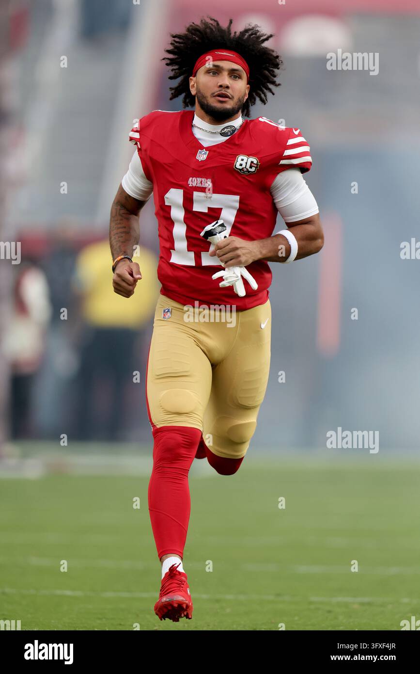 San Francisco 49ers wide receiver Jordan Watkins (17) runs onto the ...