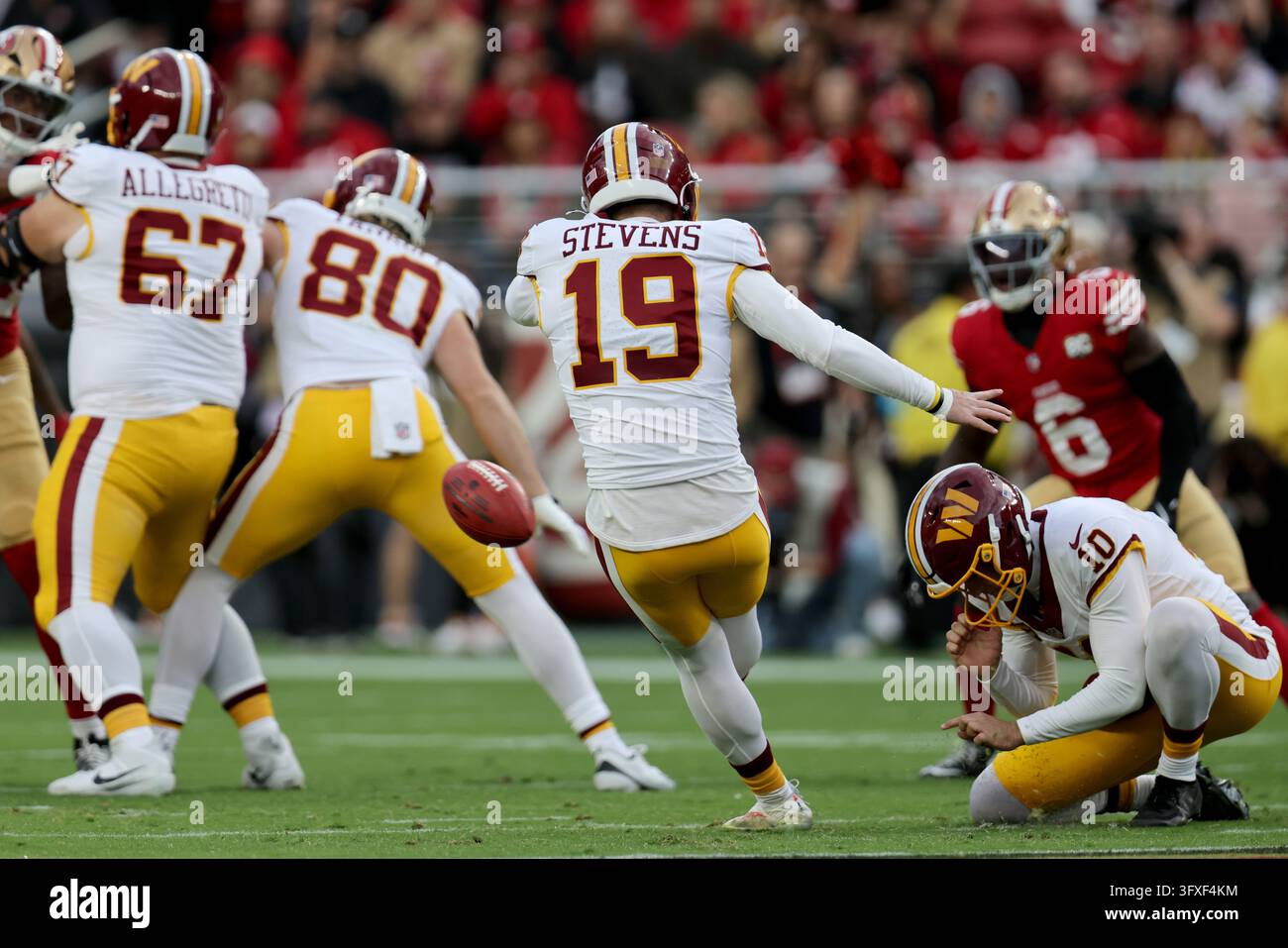 Washington Commanders New Roster Washington Commanders place kicker Drew Stevens (19) kicks during an ...