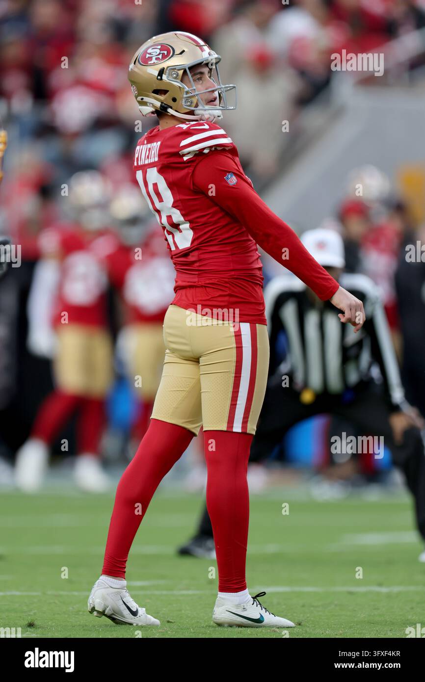 San Francisco 49ers place kicker Eddy Pineiro (18) kicks during an NFL ...