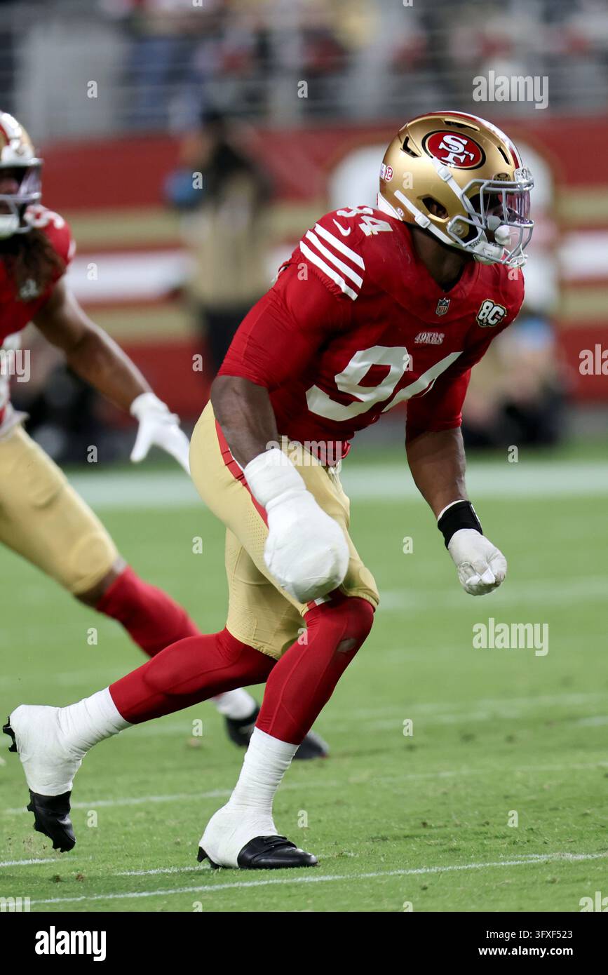 Washington Commanders New Roster San Francisco 49ers defensive end Romello Height (94) rushes during an ...