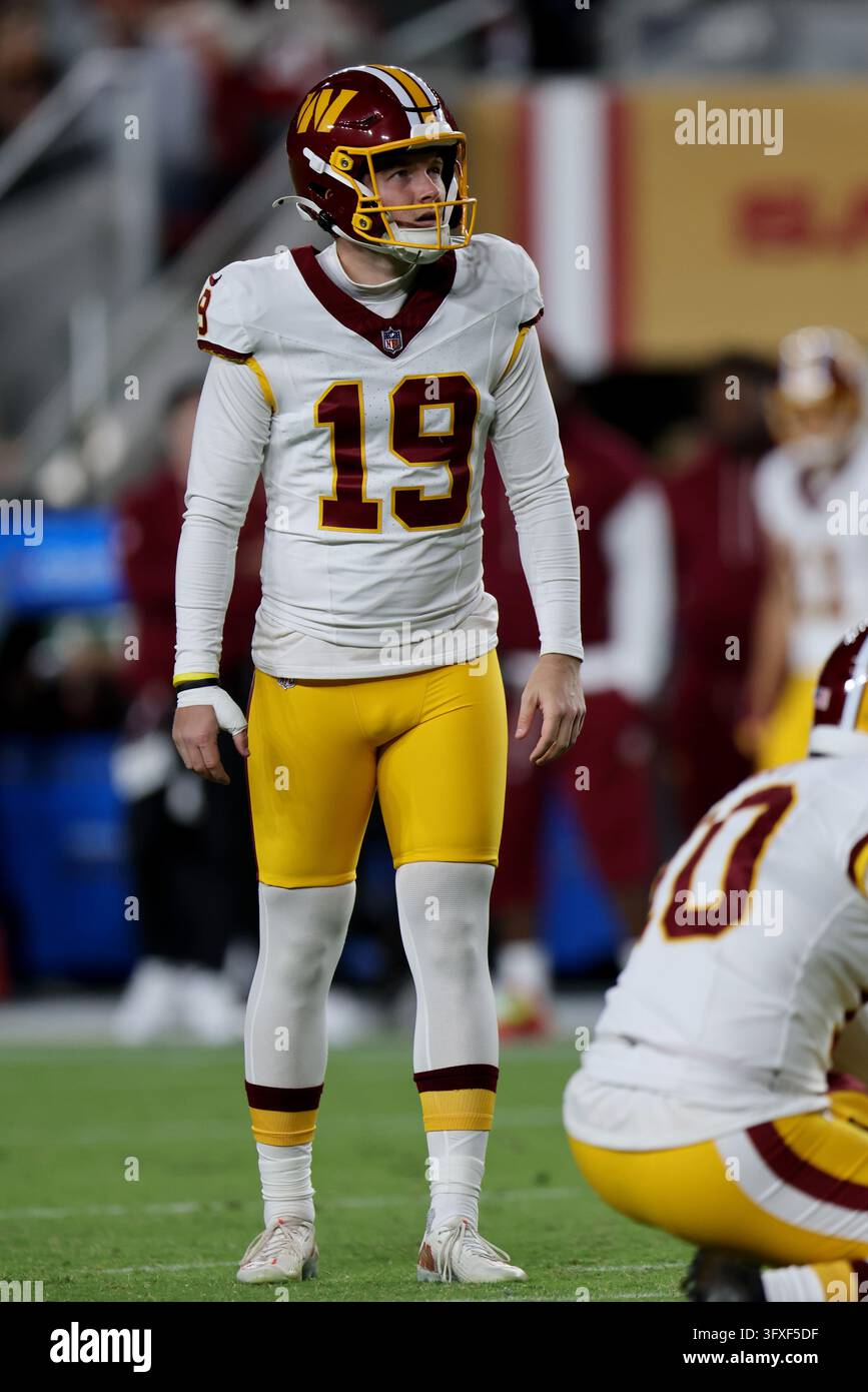 Washington Commanders place kicker Drew Stevens (19) kicks during an ...