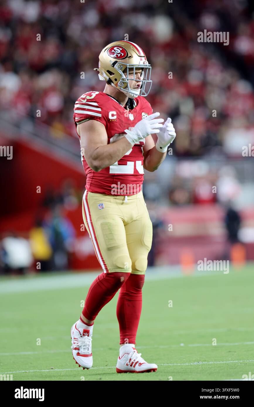 San Francisco 49ers running back Christian McCaffrey (23) gestures ...