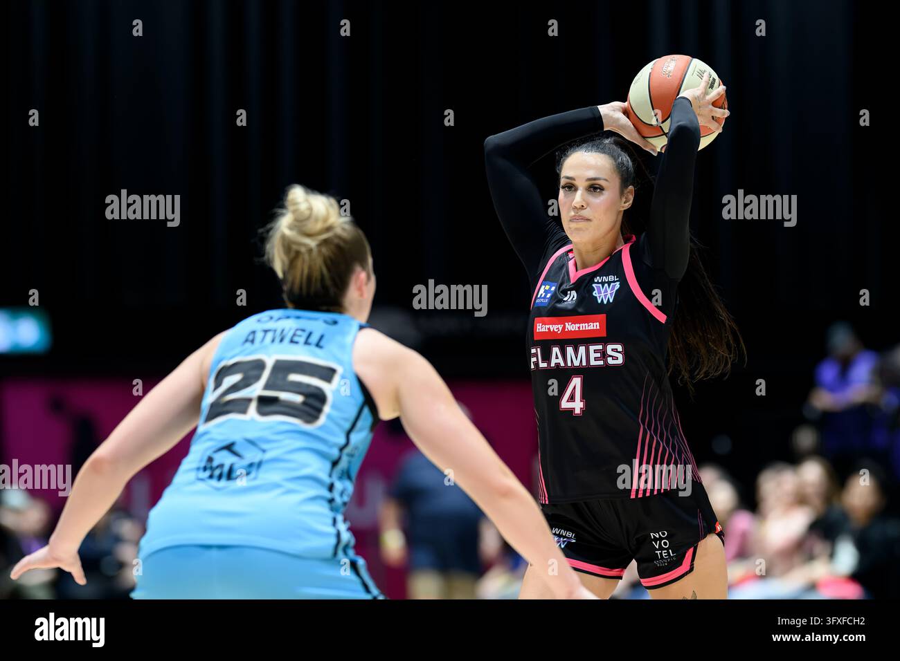 Alex Wilson of Sydney Flames holds the ball during the WNBL Round 2 ...