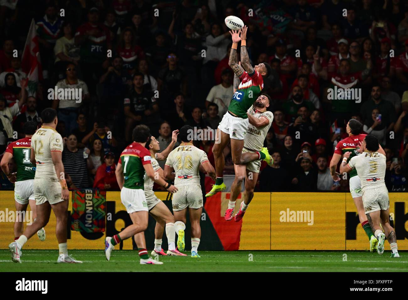 Jason Saab of Lebanon takes the high ball during the Men's Rugby League ...