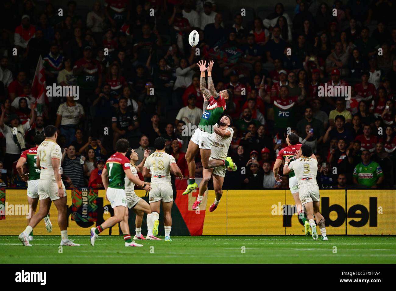 Jason Saab of Lebanon takes the high ball during the Men's Rugby League ...