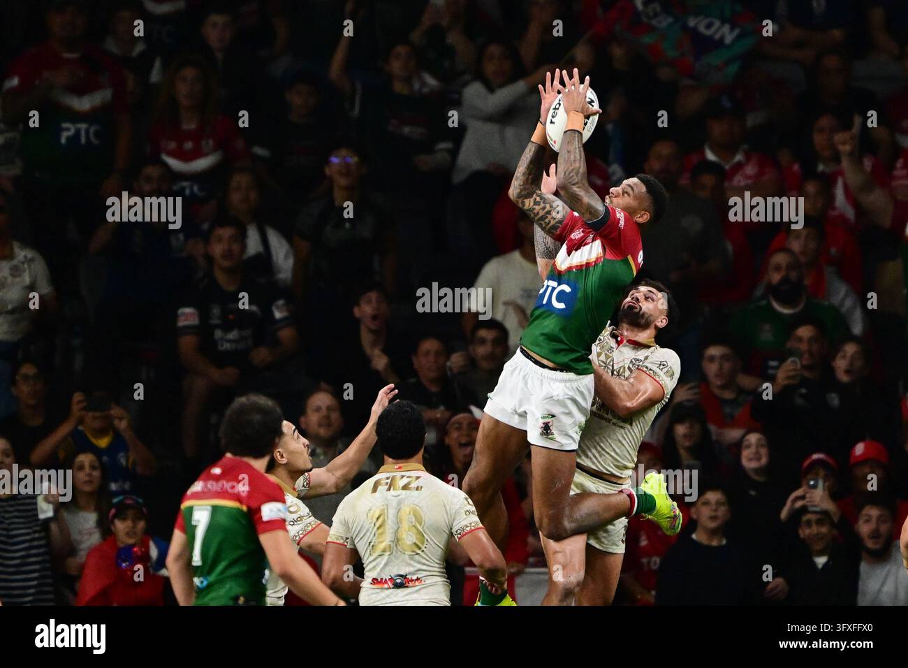 Jason Saab of Lebanon takes the high ball during the Men's Rugby League ...