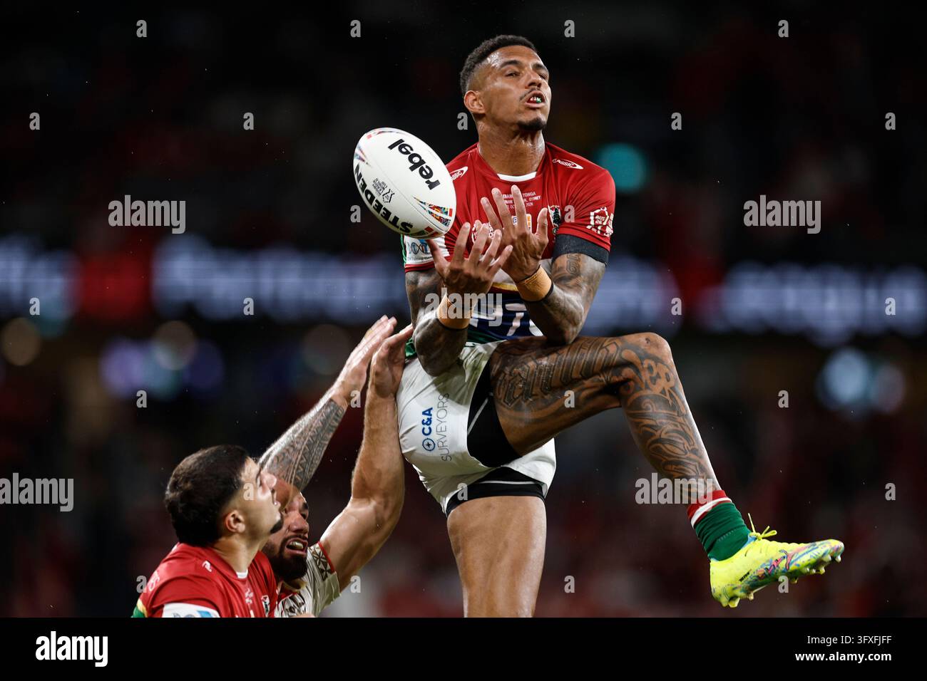 Jason Saab of Lebanon goes up for a high ball during the Men's Rugby ...