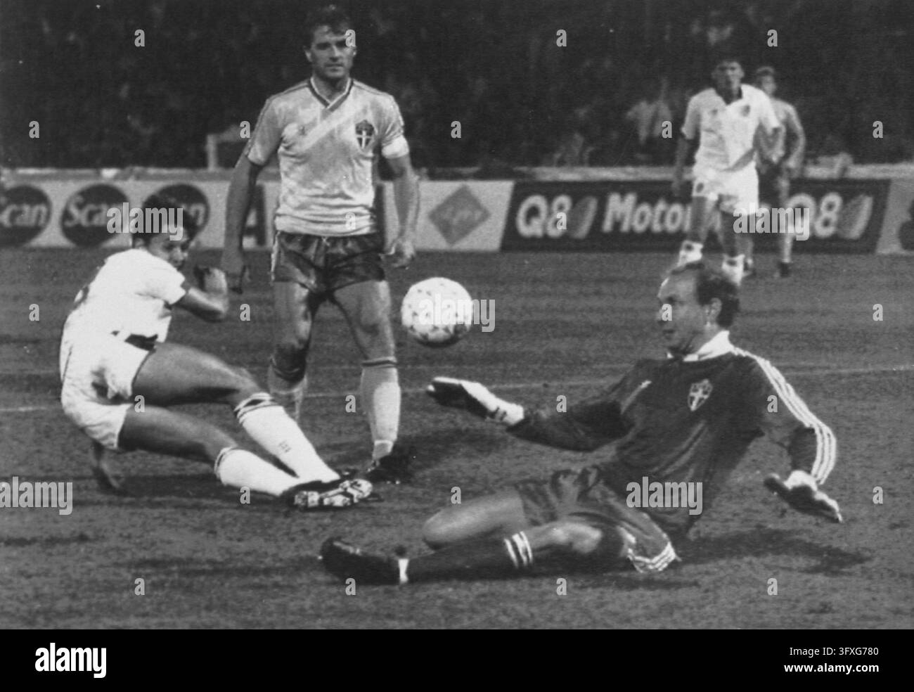 England's Gary Lineker, left, fires a close distance shot which is ...