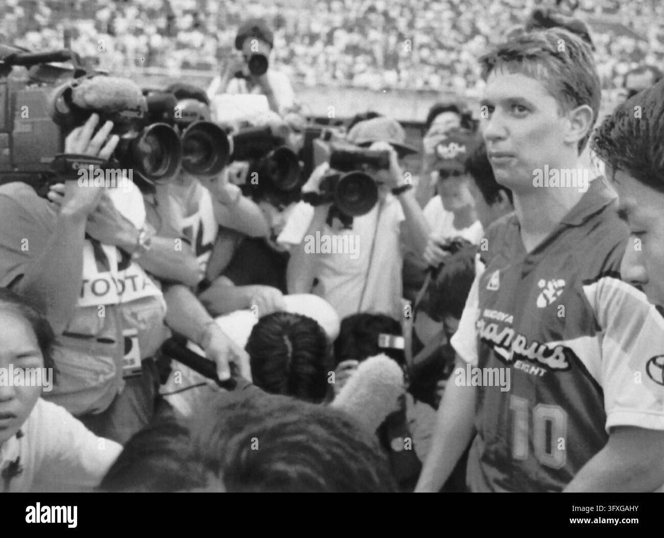 Gary Lineker is surrounded by journalists after the soccer game against ...