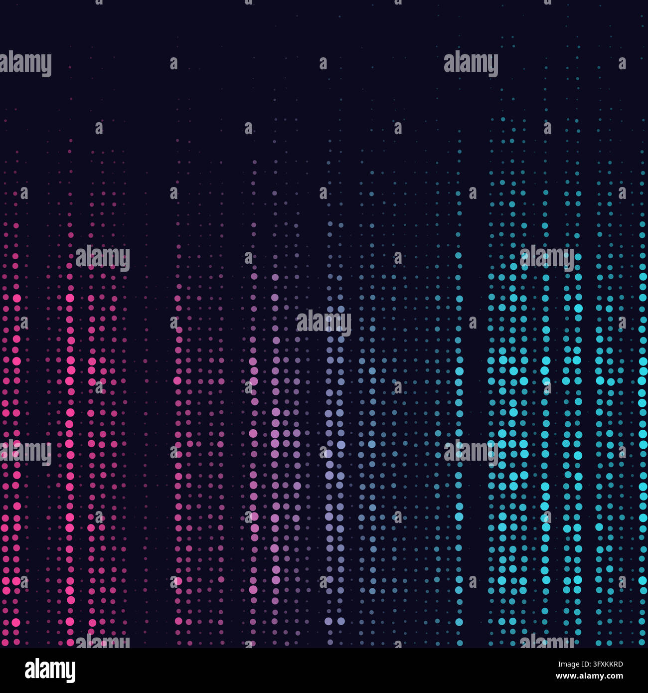 Halftone Dot Matrix Vector Illustration Featuring Vertical Lines of Pink and Cyan Dots Arranged on a Dark Blue Background with Empty Copy Space Stock Vector