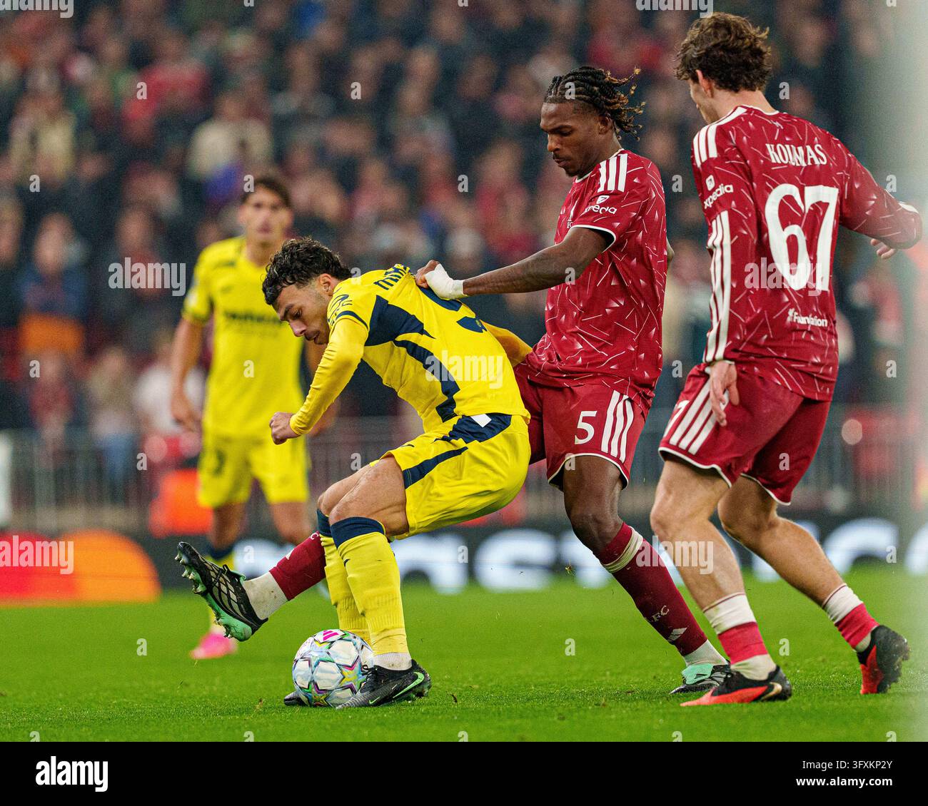 Liverpool's Jeremy Jacquet battles for possession during the UEFA ...