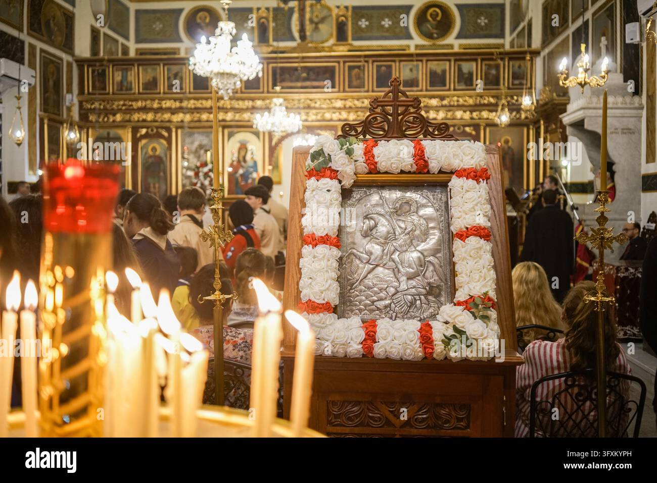 Cairo, Egypt, 23 October 2026. An icon of Saint Demetrios is seen among ...