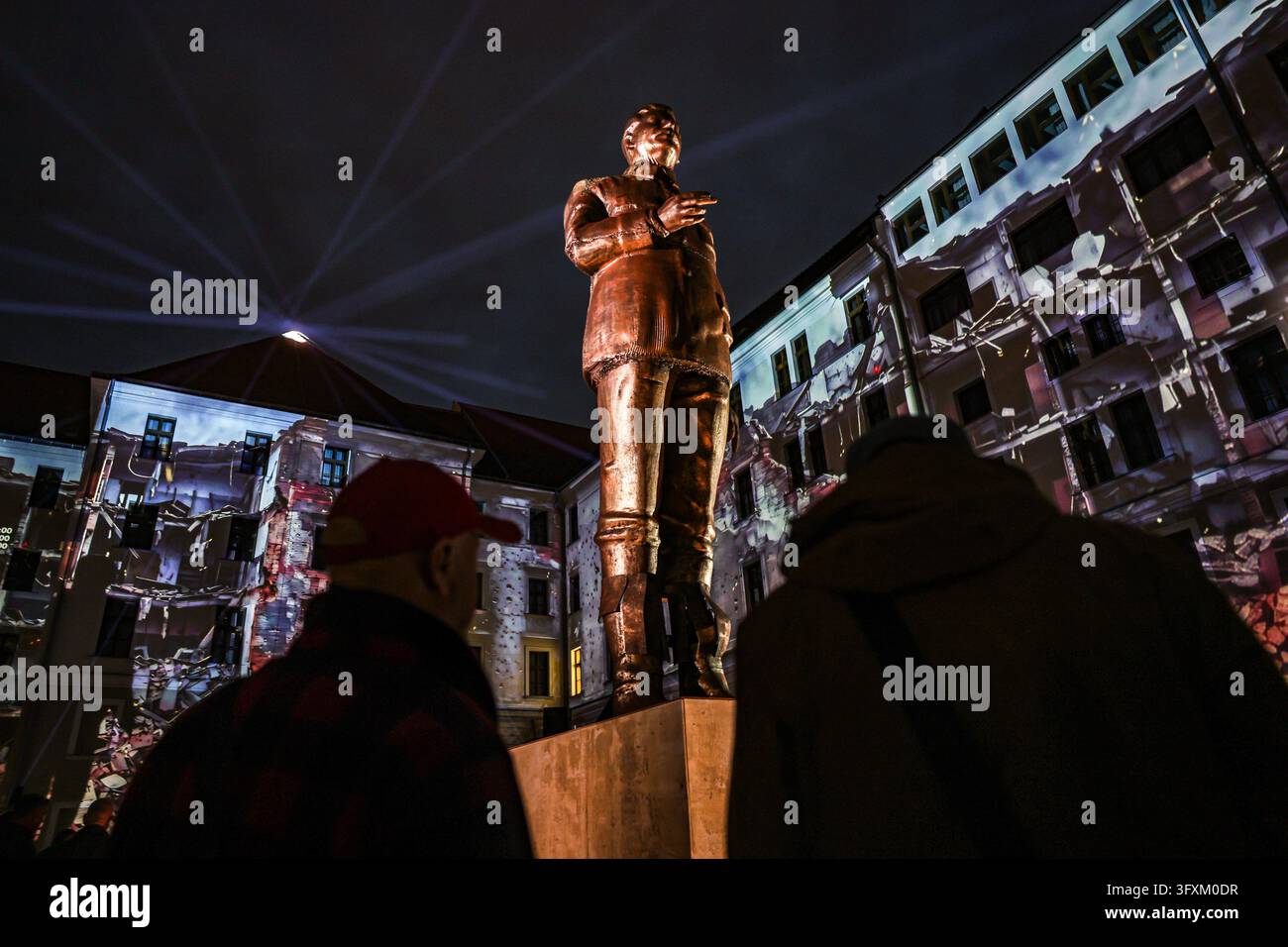 Projection Statue Budapest, Hungary, Hungary. 23rd Oct, 2026. An illuminated replica of a ...