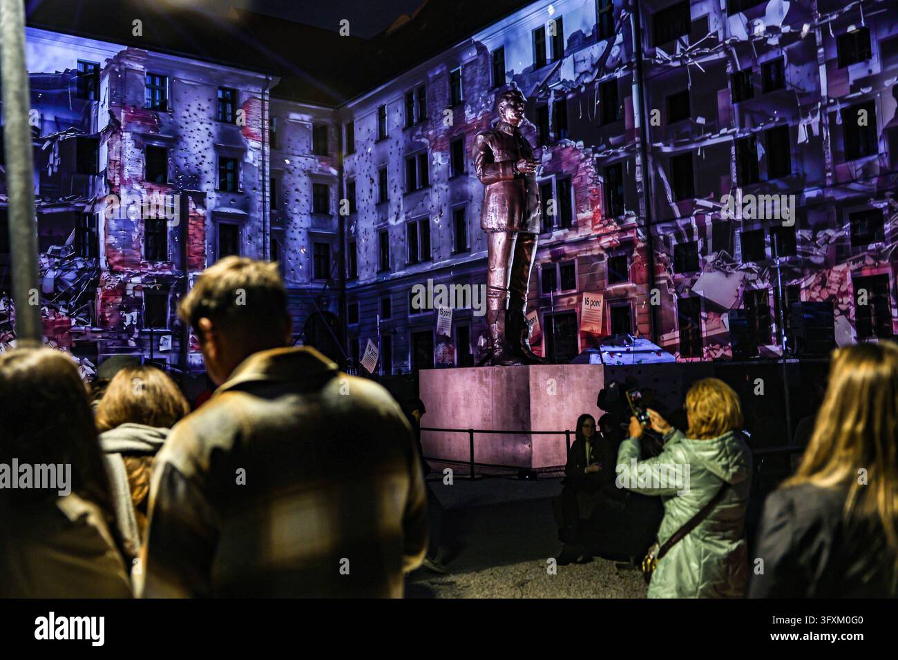 Projection Statue October 23, 2026, Budapest, Hungary, Hungary: Visitors photograph an ...