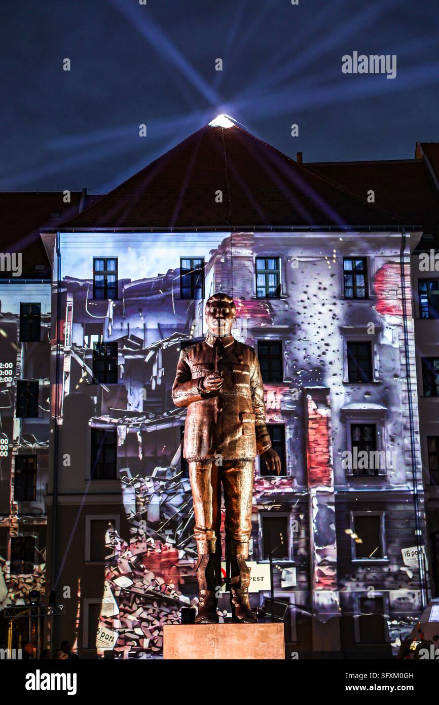 Projection Statue October 23, 2026, Budapest, Hungary, Hungary: An illuminated replica of ...