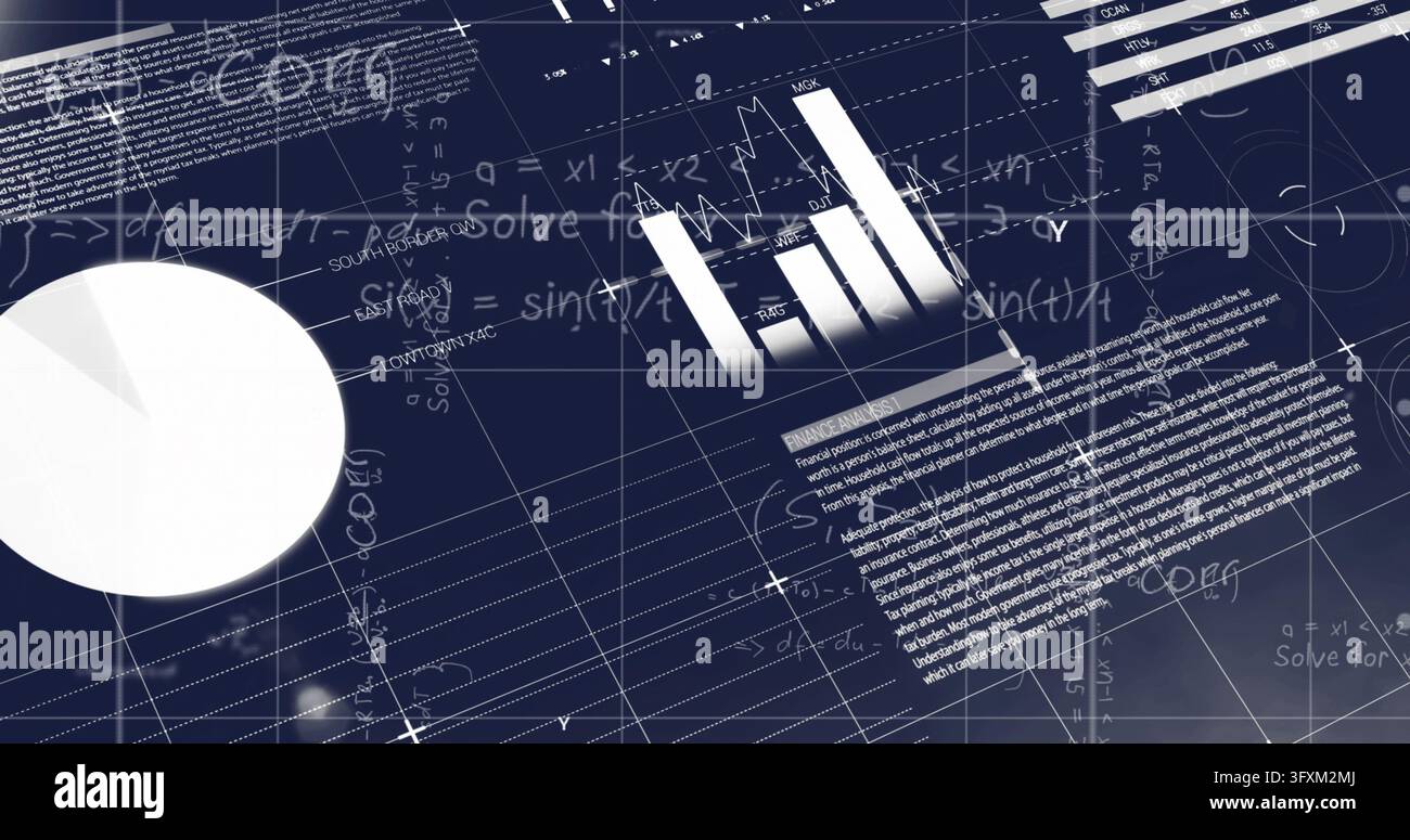 Displaying data graphics tilting on navy blueprint, with white pie ...