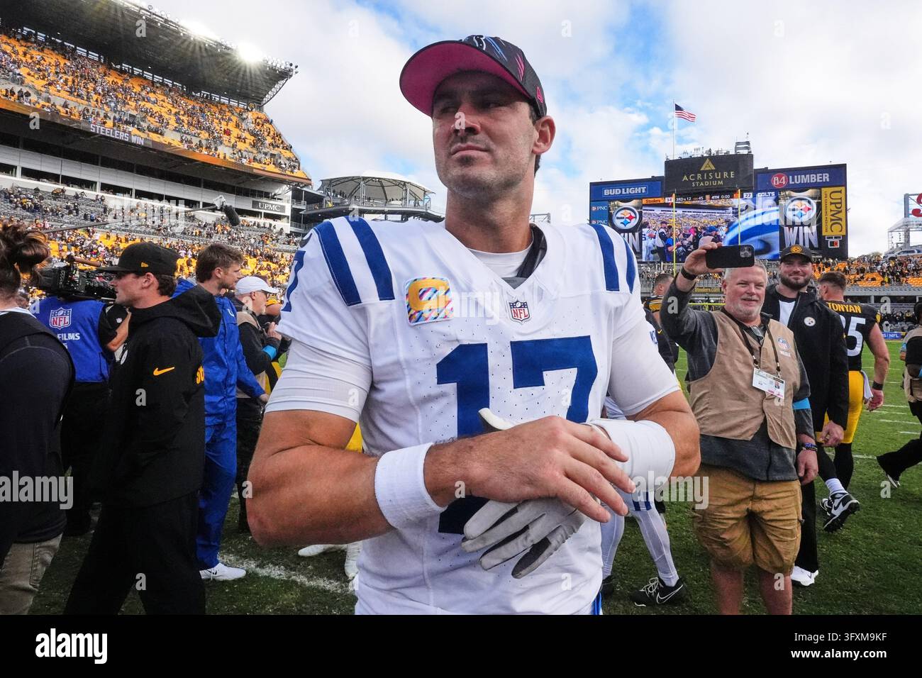 Indianapolis Colts quarterback Daniel Jones (17) walks on the field ...