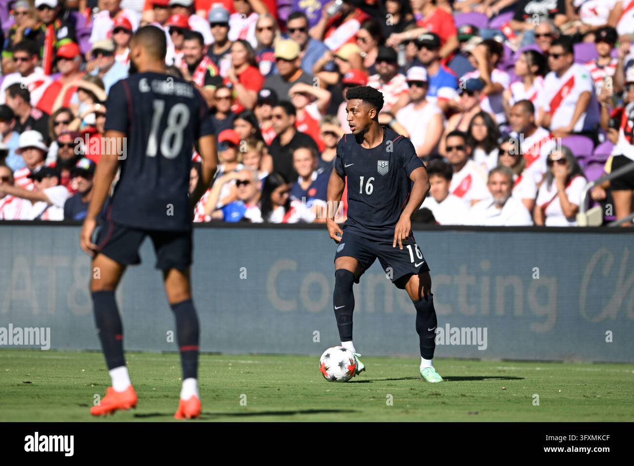United States' Alex Freeman (16) controls the ball against Peru during ...