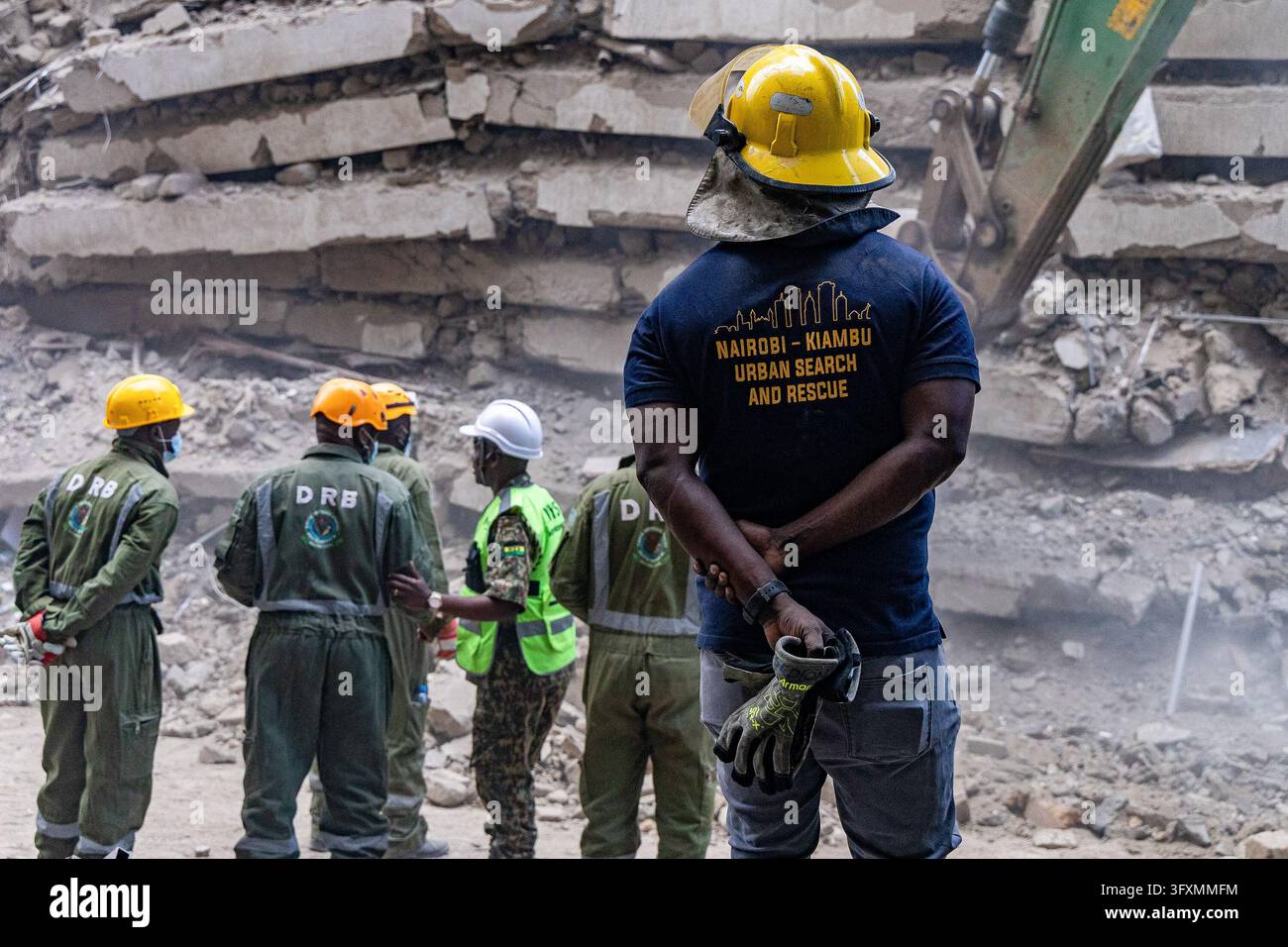 Construction Emergency Rescue Emergency teams conduct search and rescue operations at the site of a ...