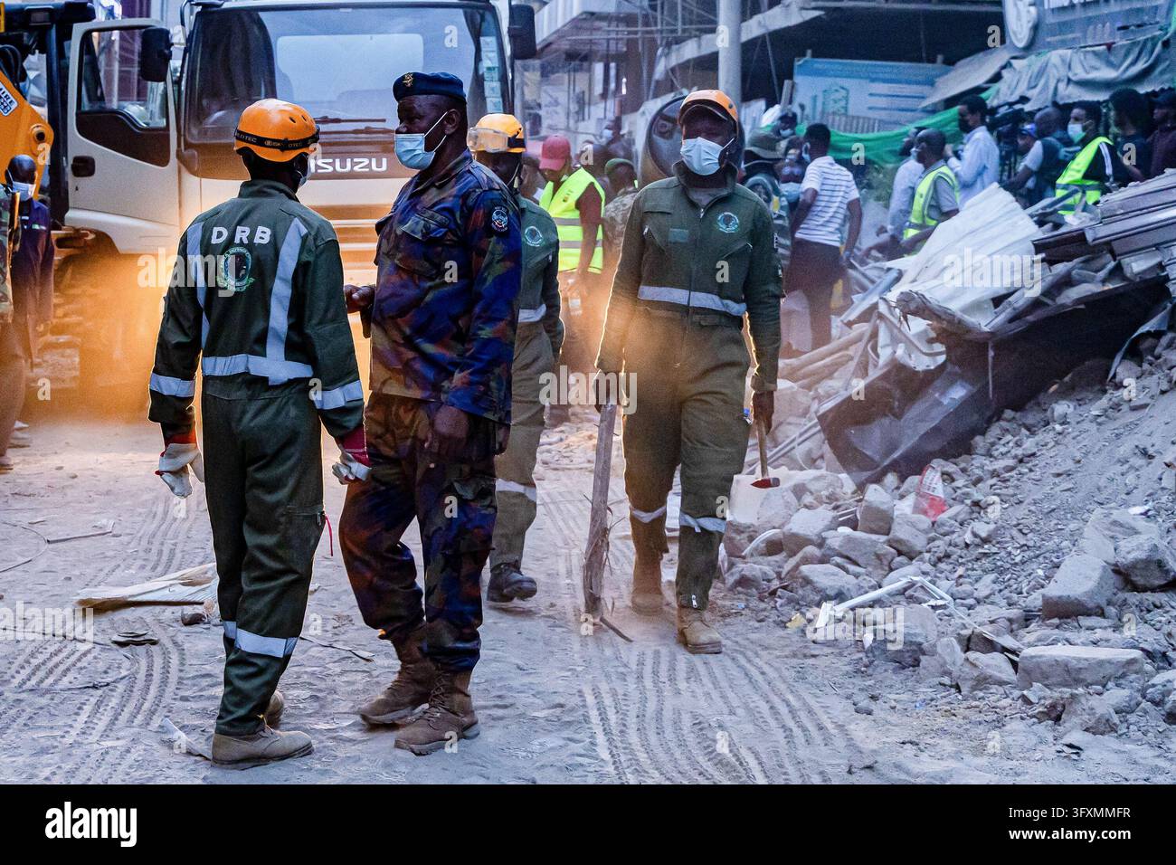 Construction Emergency Rescue Emergency teams conduct search and rescue operations at the site of a ...
