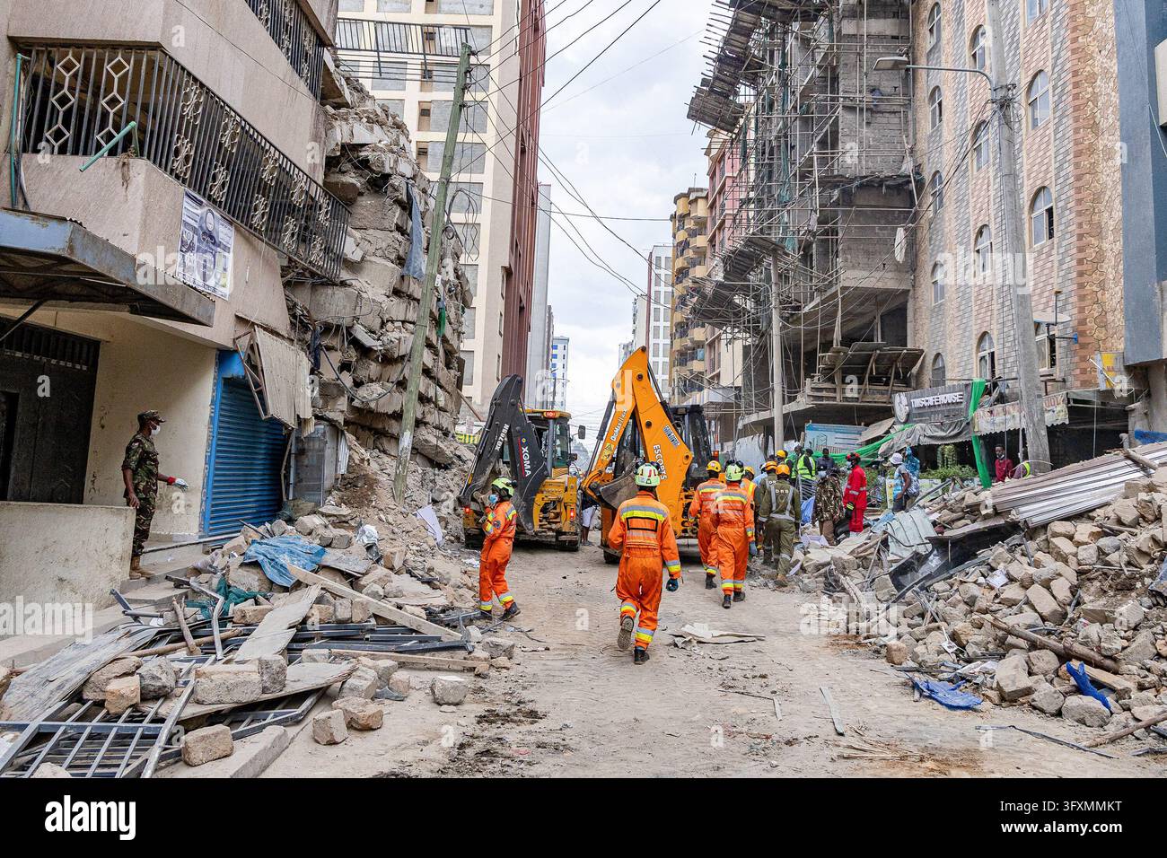 Construction Emergency Rescue Emergency teams conduct search and rescue operations at the site of a ...
