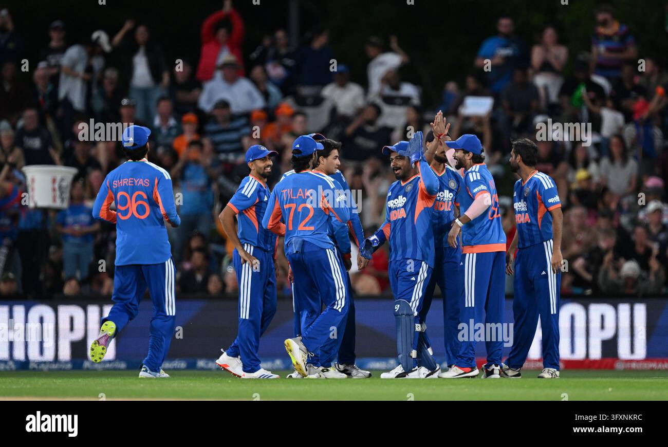 Wikets Vector Team India players celebrate the wicket of New Zealand's Tim Seifert ...