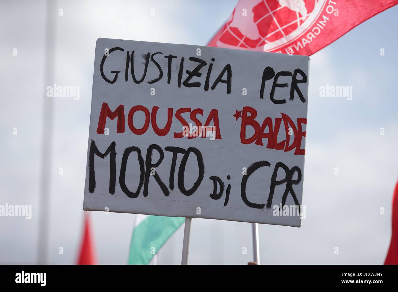 Castel Volturno Italy - Close-up of a handmade placard reading ...