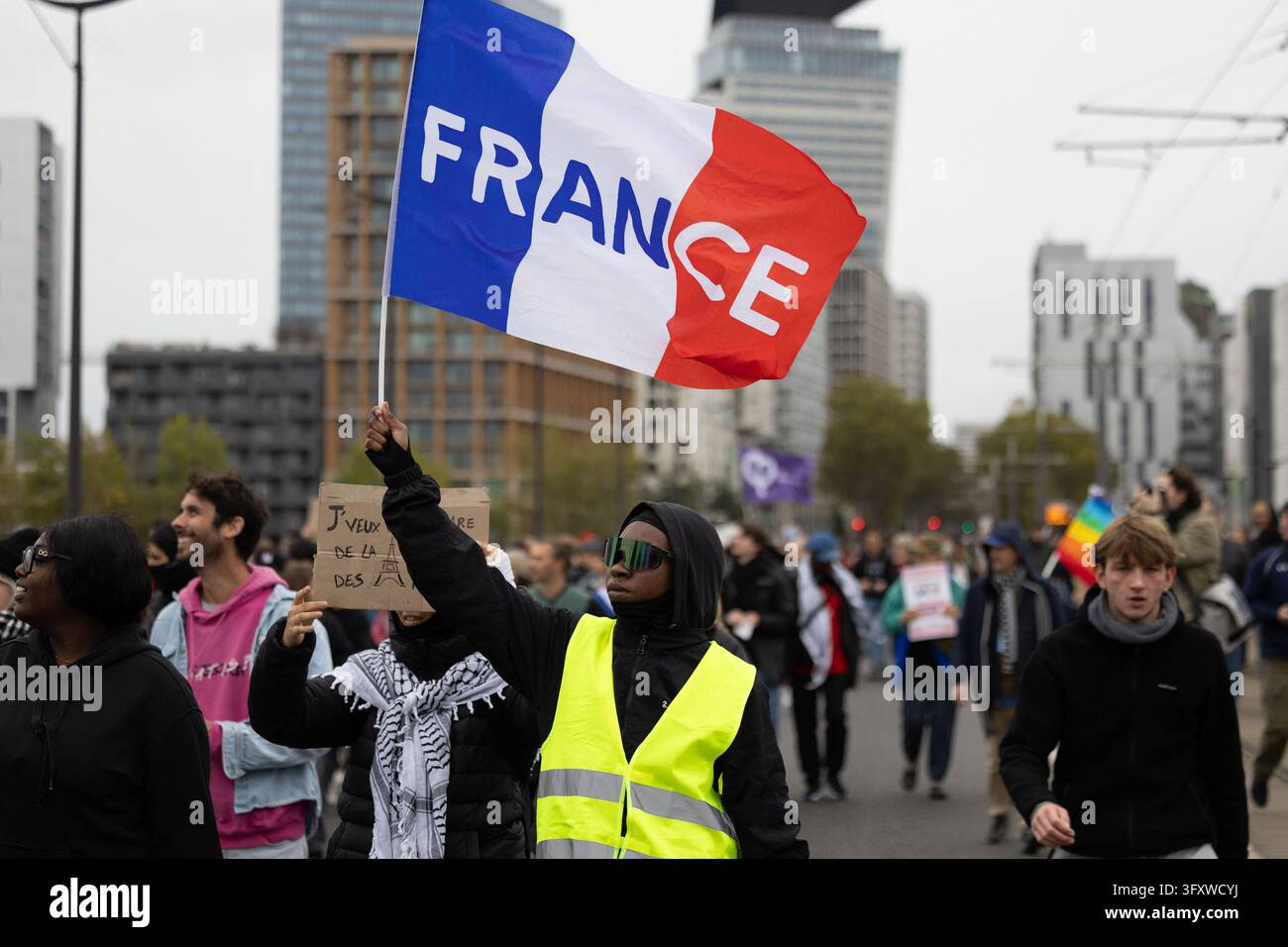A woman wearing a Yellow Vest (Gilet Jaune) holds a French flag during ...