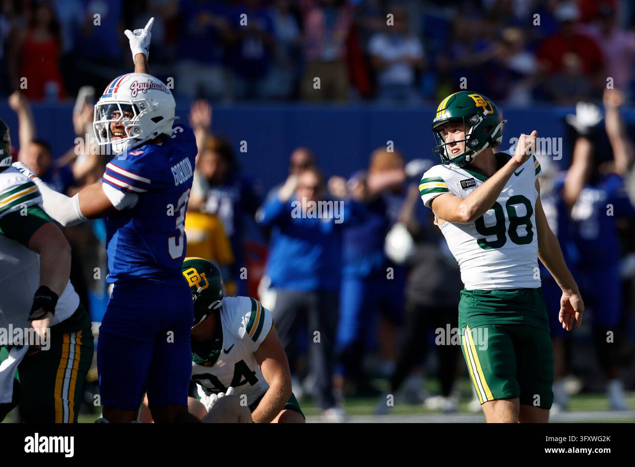 Football Block Image Vector Kansas safety Corey Gordon (3) reacts after the Jayhawks block a field ...