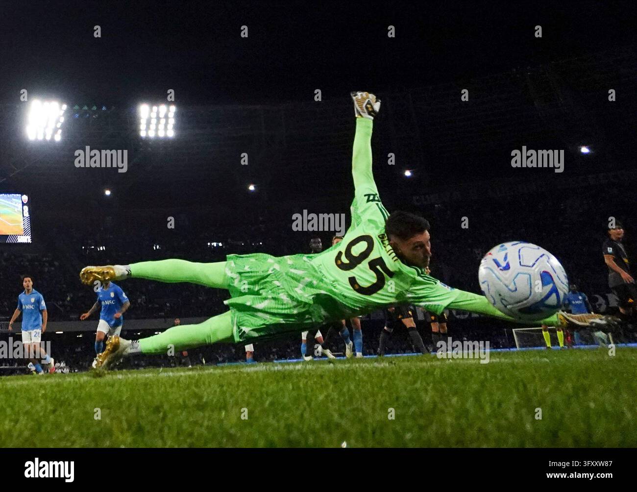 Football Block Image Vector (261025) -- NAPLES, Oct. 25, 2026 (Xinhua) -- Roma's goalkeeper ...