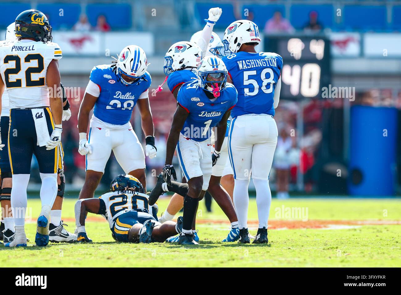 DALLAS, TX - October 24: SMU Mustangs safety Jarvis Lee(#1) celebrates ...