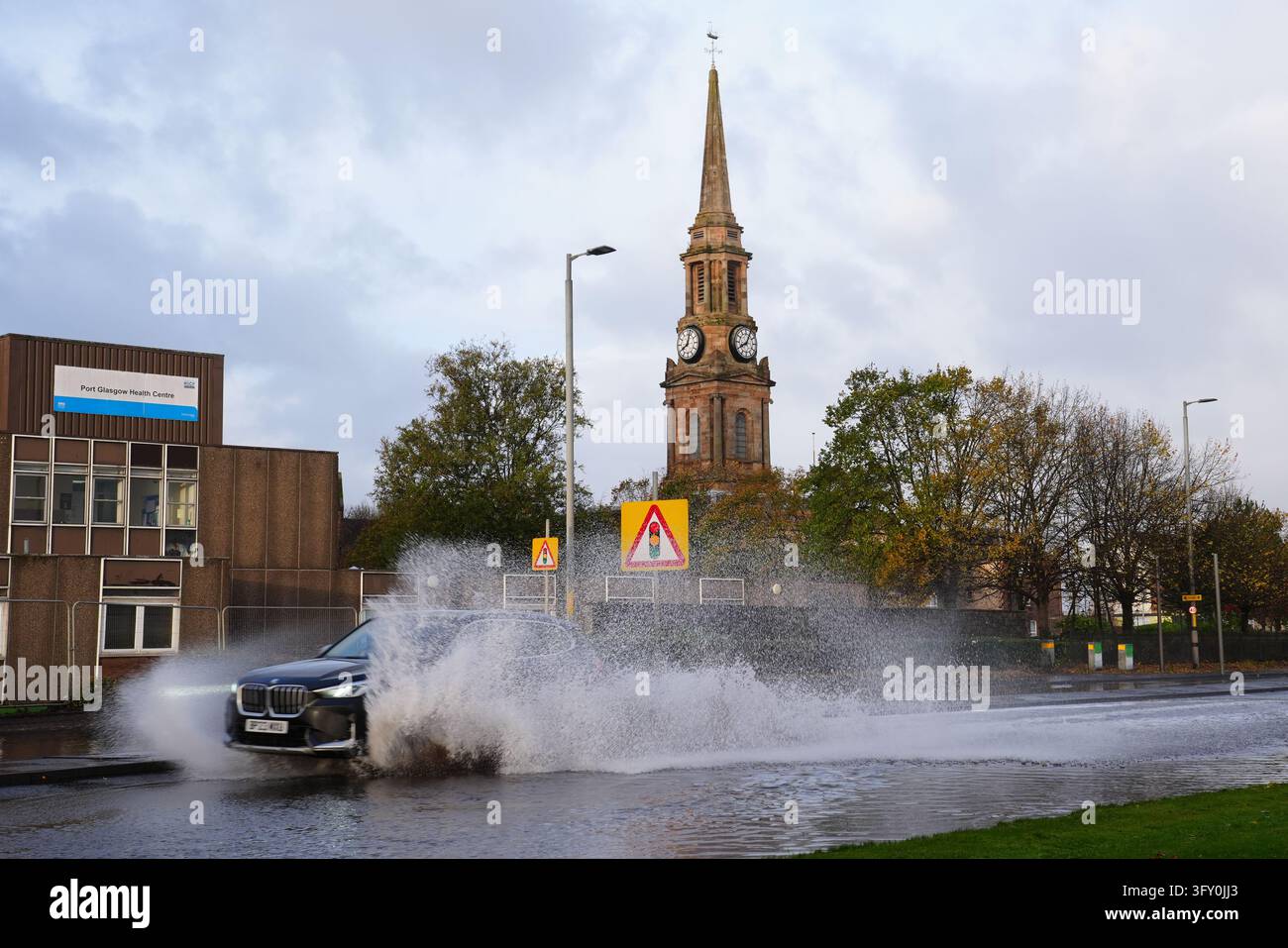 Flood water on the A8 in Port Glasgow, Inverclyde, after Storm Boelo ...