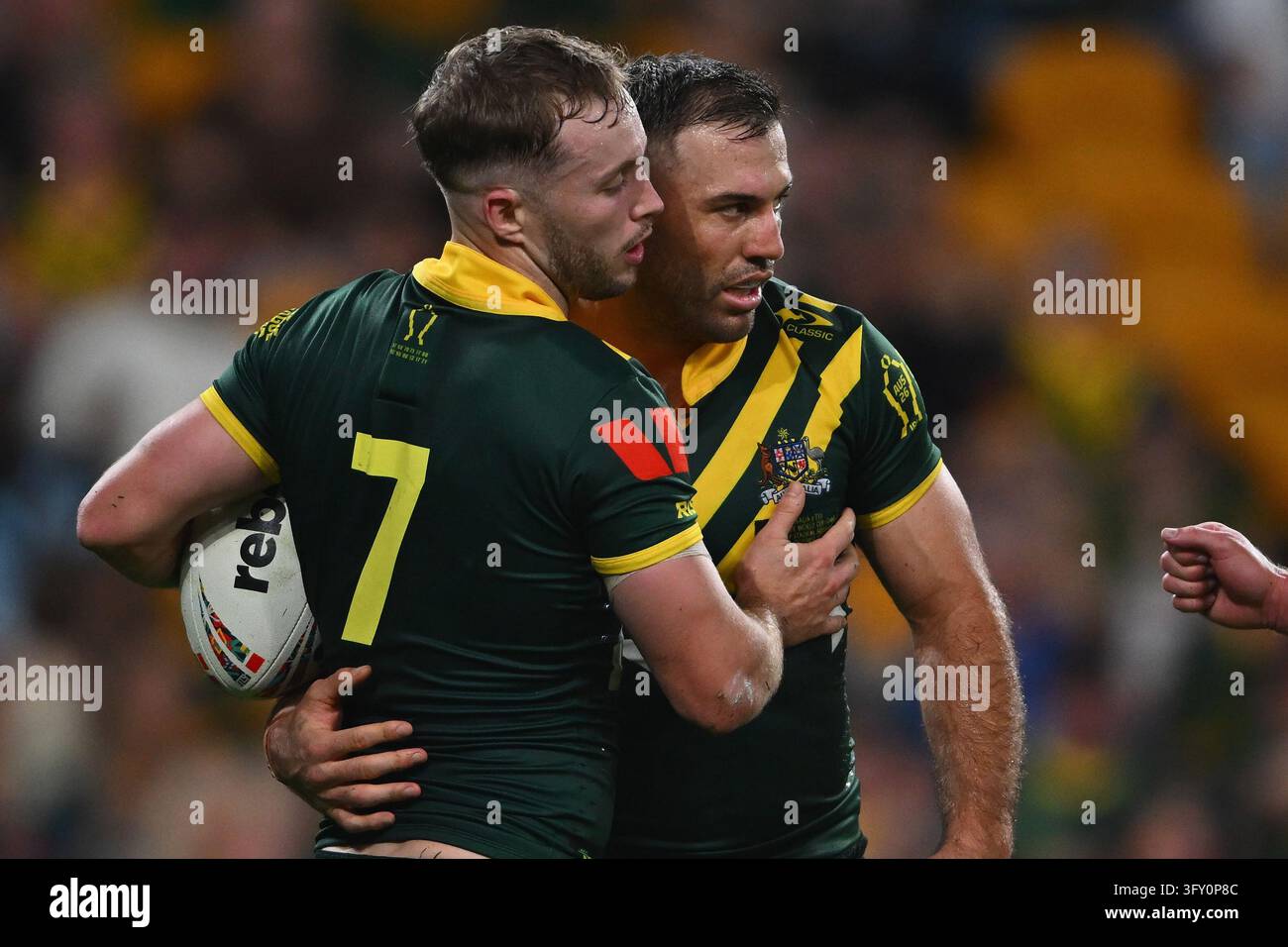 Sam Walker of Australia celebrates scoring a try with James Tedesco of ...