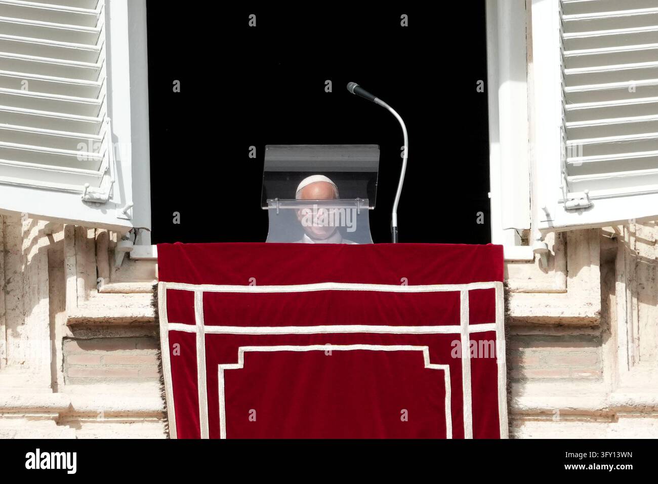 Pope Preaching Window Pope Leo XIV approaches his studio window to deliver the Angelus noon ...