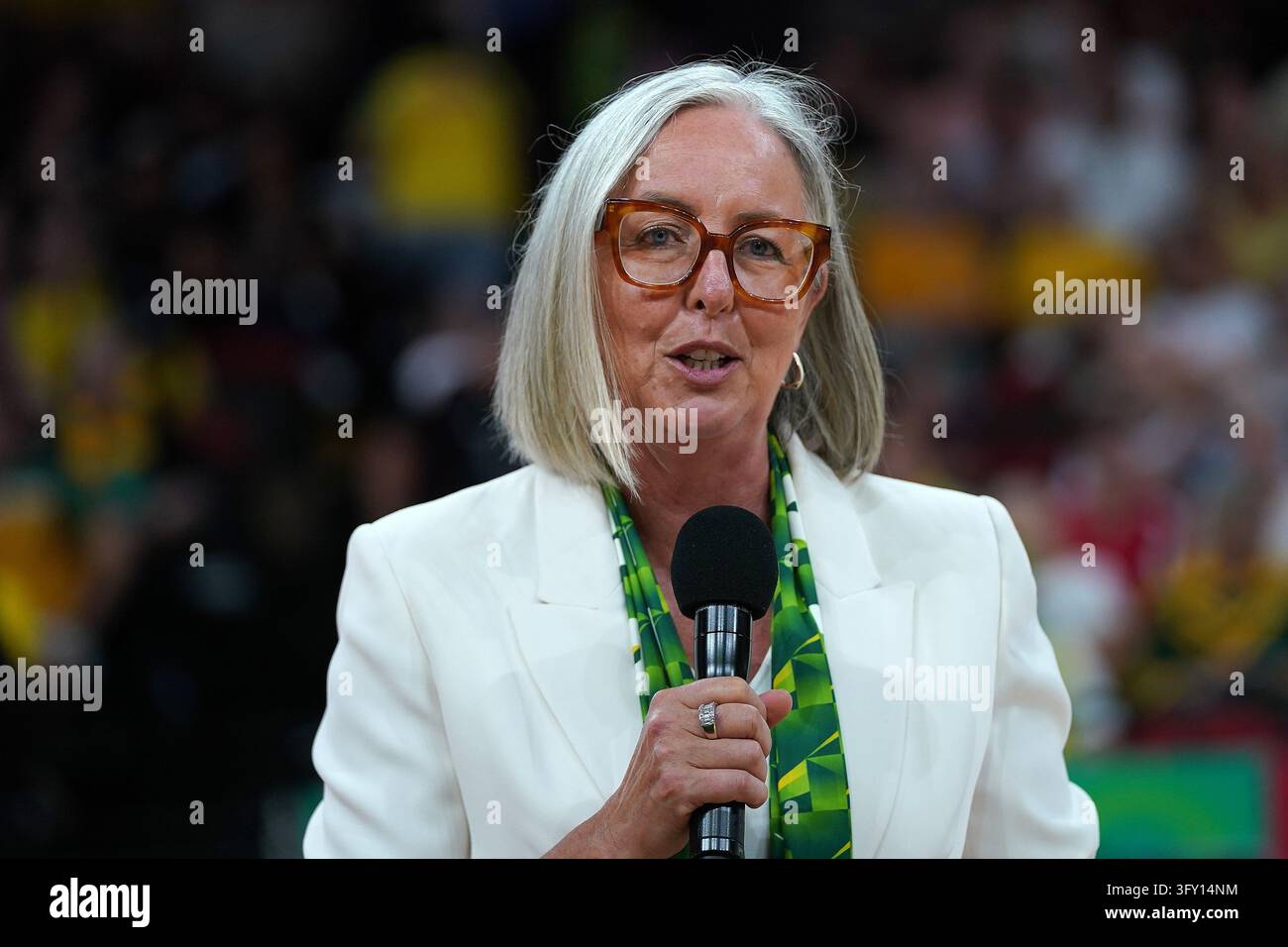 Netball Pic. Vector Netball Australia Chair Liz Ellis speaks to the crowd at half time ...