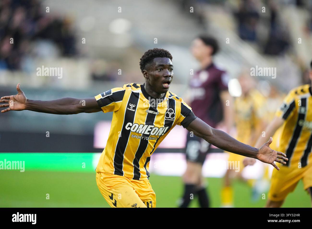 Fisker Sign Double AC Horsens goalscorer Kingsley Bimpong celebrates during the ...
