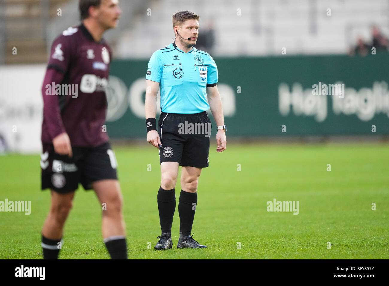 Fisker Sign Referee Jakob Sundberg during the Superliga match between AC Horsens ...
