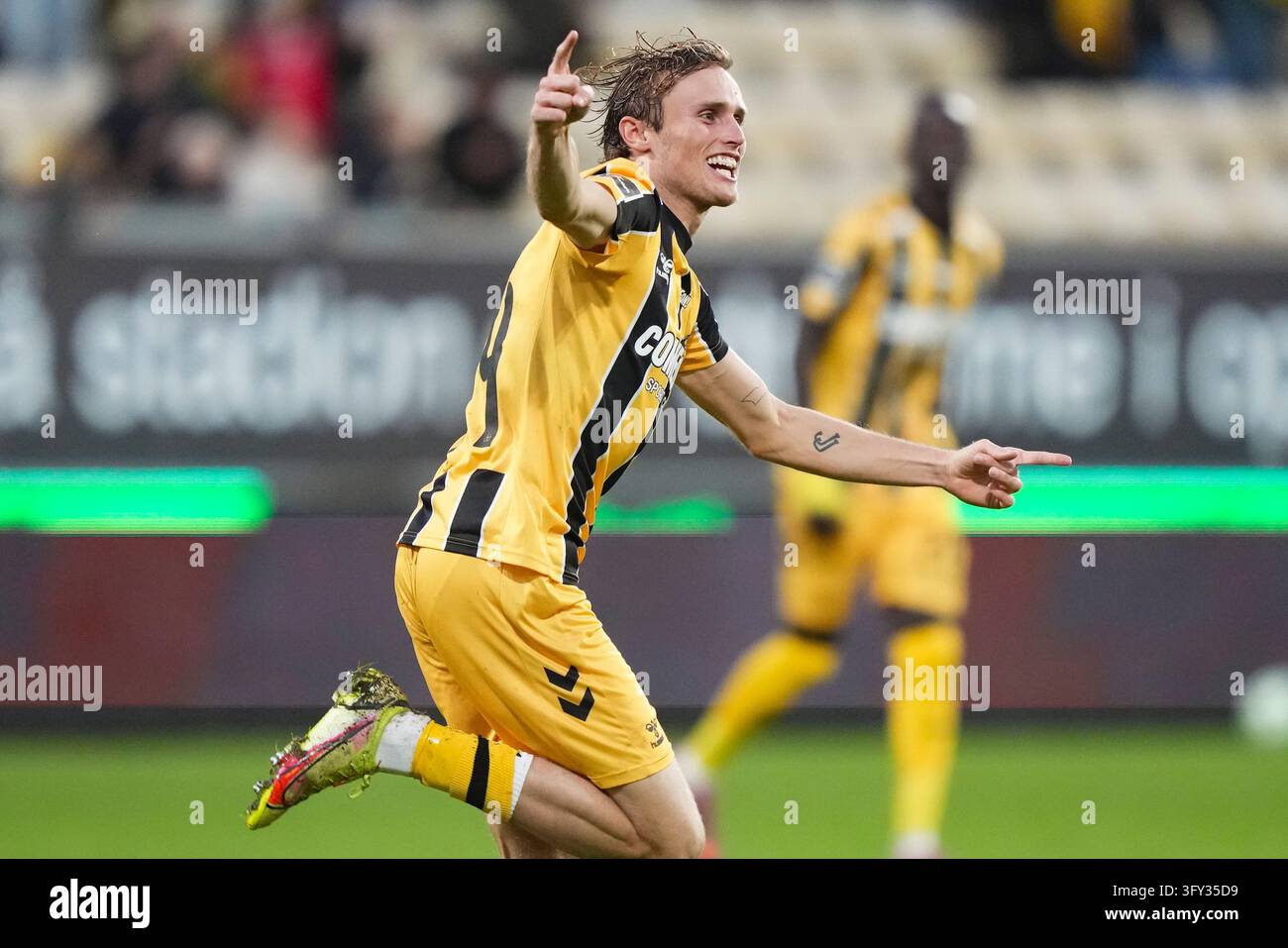 Fisker Sign Double goal scorer Julius Madsen from AC Horsens celebrates during the ...