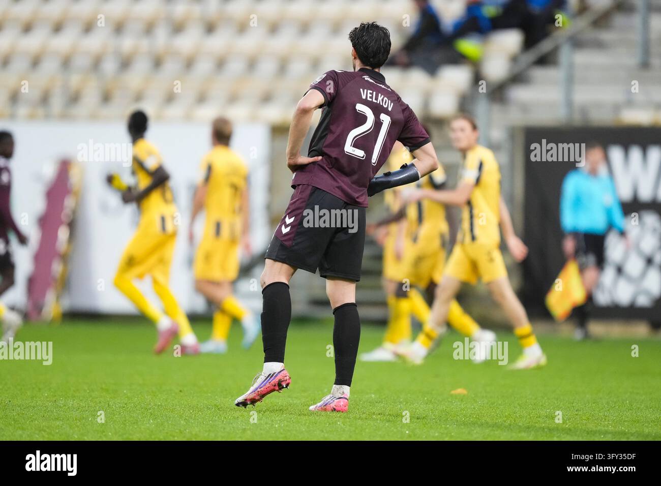 Fisker Sign Stefan Velkov for Soenderjyske looks at AC Horsens' cheers during the ...