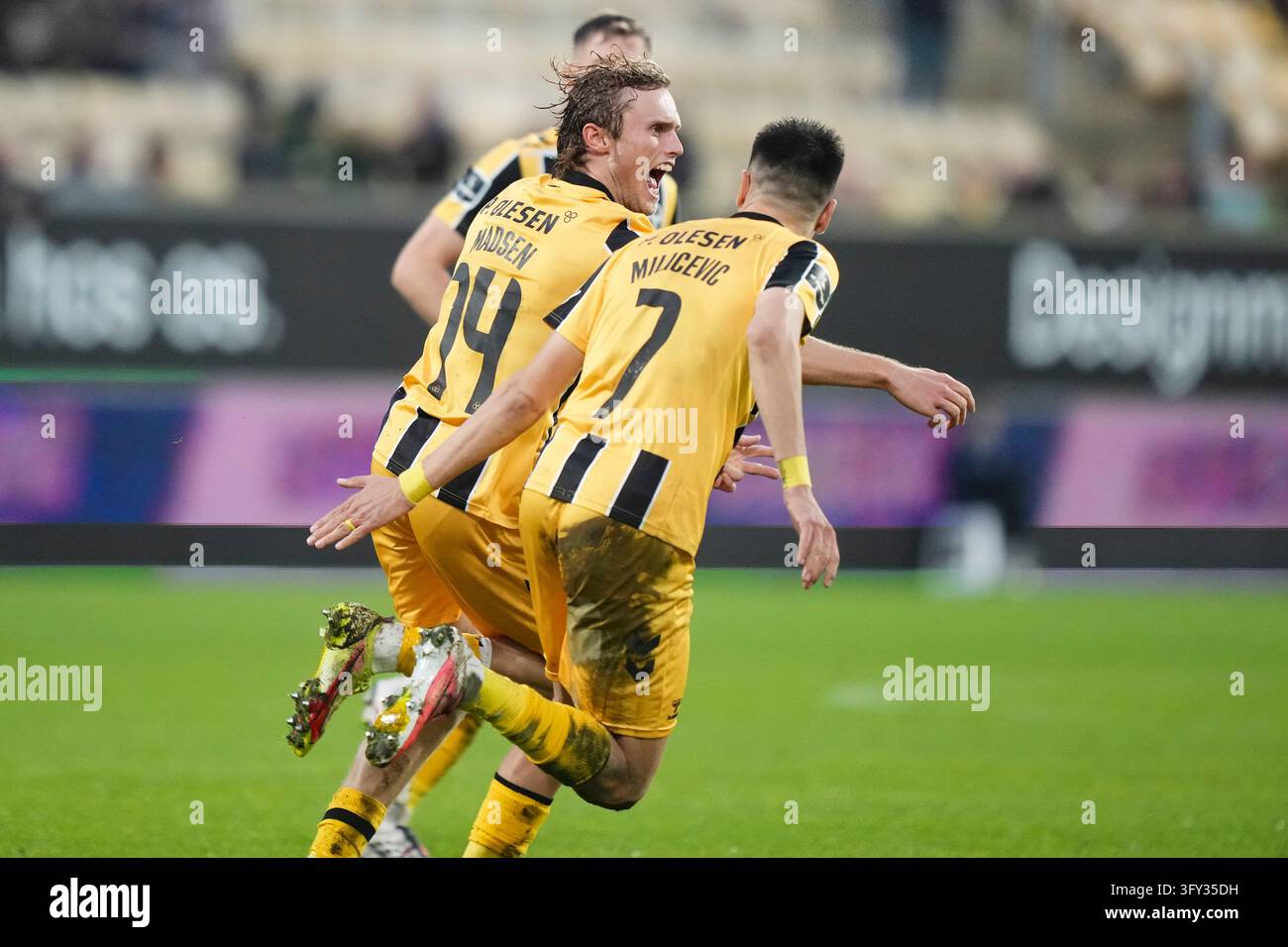 Fisker Sign Double goal scorer Julius Madsen from AC Horsens celebrates during the ...