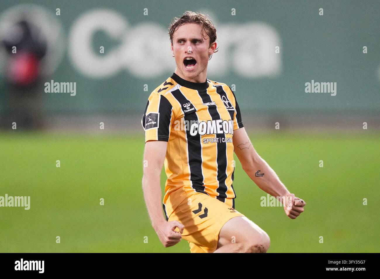 Fisker Sign Double goal scorer Julius Madsen from AC Horsens celebrates during the ...